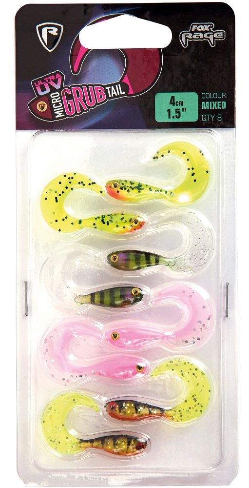 Fox rage gumová nástraha uv micro grub tail mixed colour pack 4 cm 8 ks